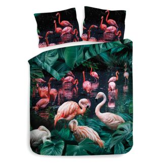 Dubbelzijdig dekbedovertrek met aan de ene kant een prachtige print van flamingo's omringd door tropisch blad
