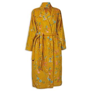 PIP Studio Les Fleurs Yellow badjas met bloemenprint op okergeel, vooraanzicht