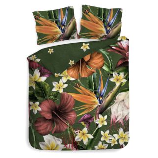 HnL dekbedovertrek Rafaella met grote, gekleurde bloemenprint op een groene achtergrond